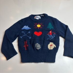 Vintage 80s Kids Novelty Knit Sweater Navy Blue Graphic Size 2/3